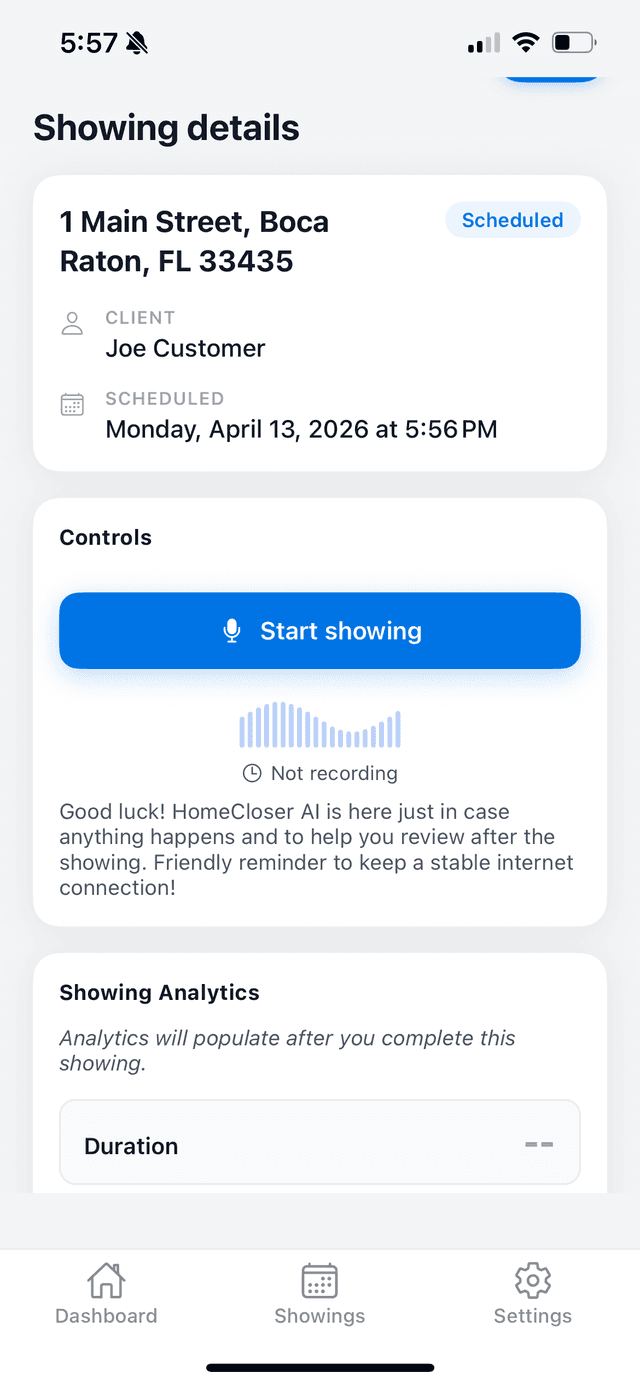 HomeCloser AI - Start Showing screen